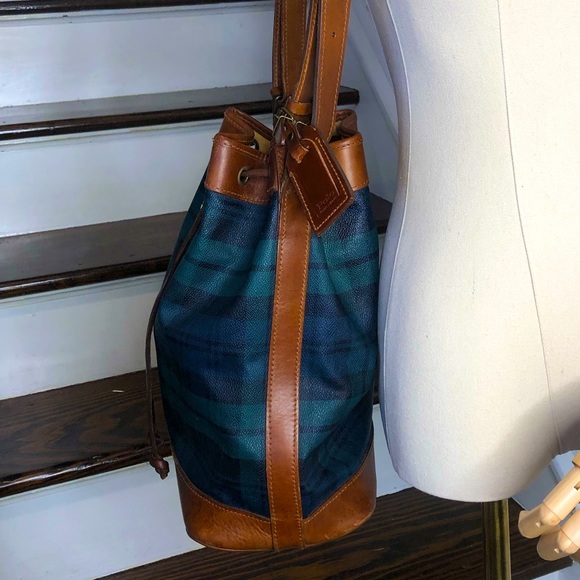 RALPH LAUREN Black Watch Plaid LRG Leather Canvas Drawstring Bucket Shoulder Bag - Picture 4 of 17
